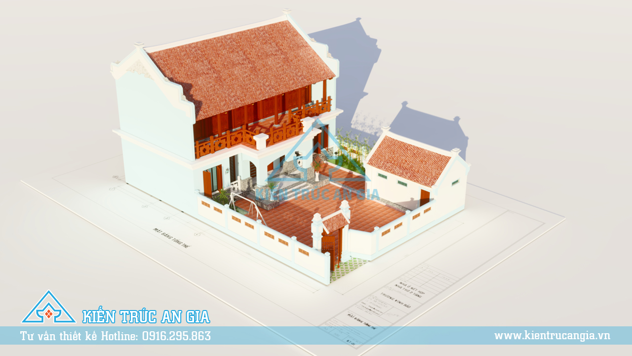 Thiết kế nhà ở kết hợp nhà thờ họ 2 tầng mái ngói đẹp bề thế