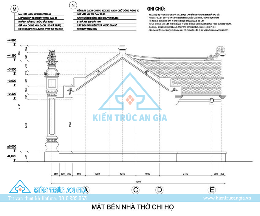 Phần mái được thiết kế theo nét kiến trúc cổ truyền mái ngang 2 bên là 2 con kìm nóc