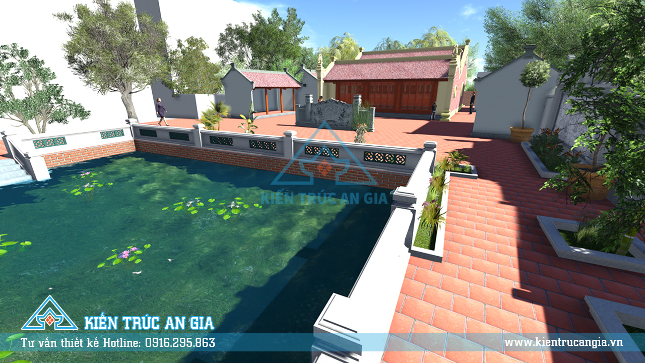 Không gian sân trước rộng rãi kết hợp với hồ cá ớn mang đến không gian thiên nhiên hài hòa