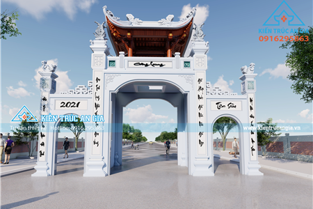 Cổng Làng Btct có gác mái sơn giả gỗ