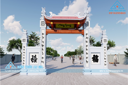 Cổng Làng Btct Kiểu tứ trụ có mái sơn giả gỗ