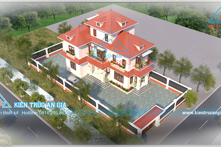 Mẫu  nhà vườn 2 tầng 1 tum mái ngói đẹp