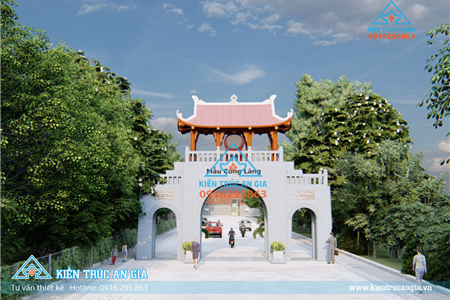 Cổng Làng Btct kiểu tam quan có gác mái sơn giả gỗ